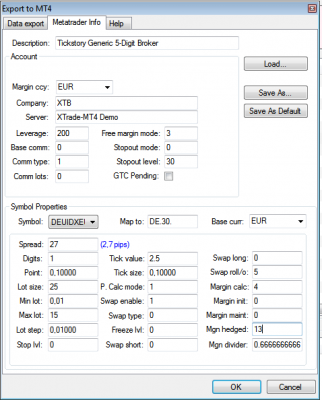 Settings of Tickstory export (the same of my broker)